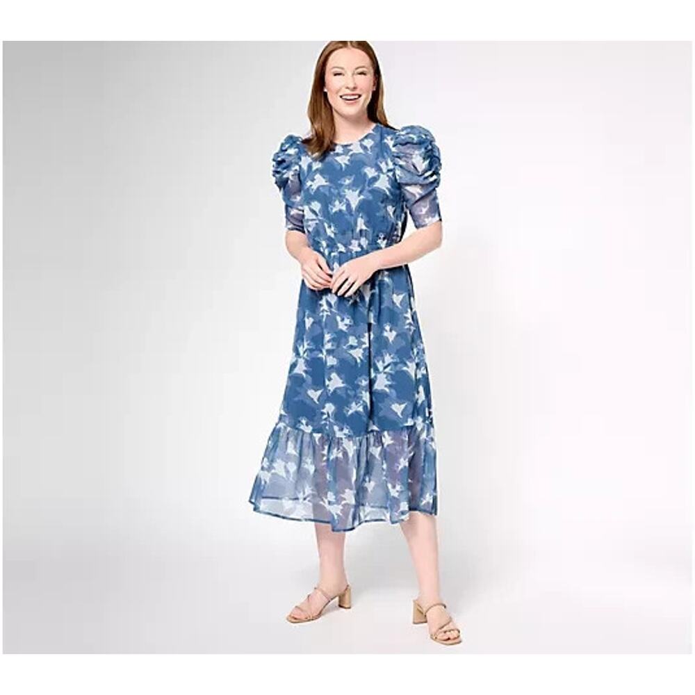 Destination 365 Reg Printed Chiffon Midi Dress Womens Large Blue Indigo Floral